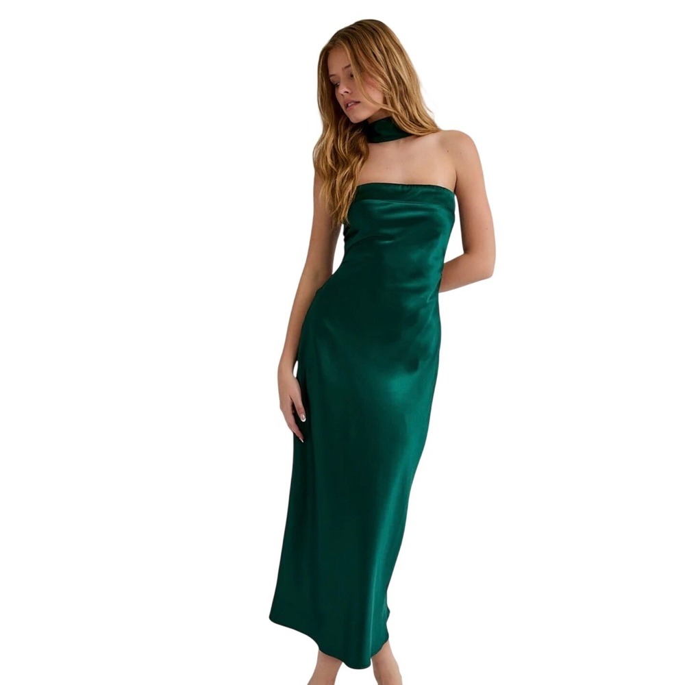 Le Lis Satin Halter Midi Dress Womens Emerald Green‎ New Formal Slip SIZE M